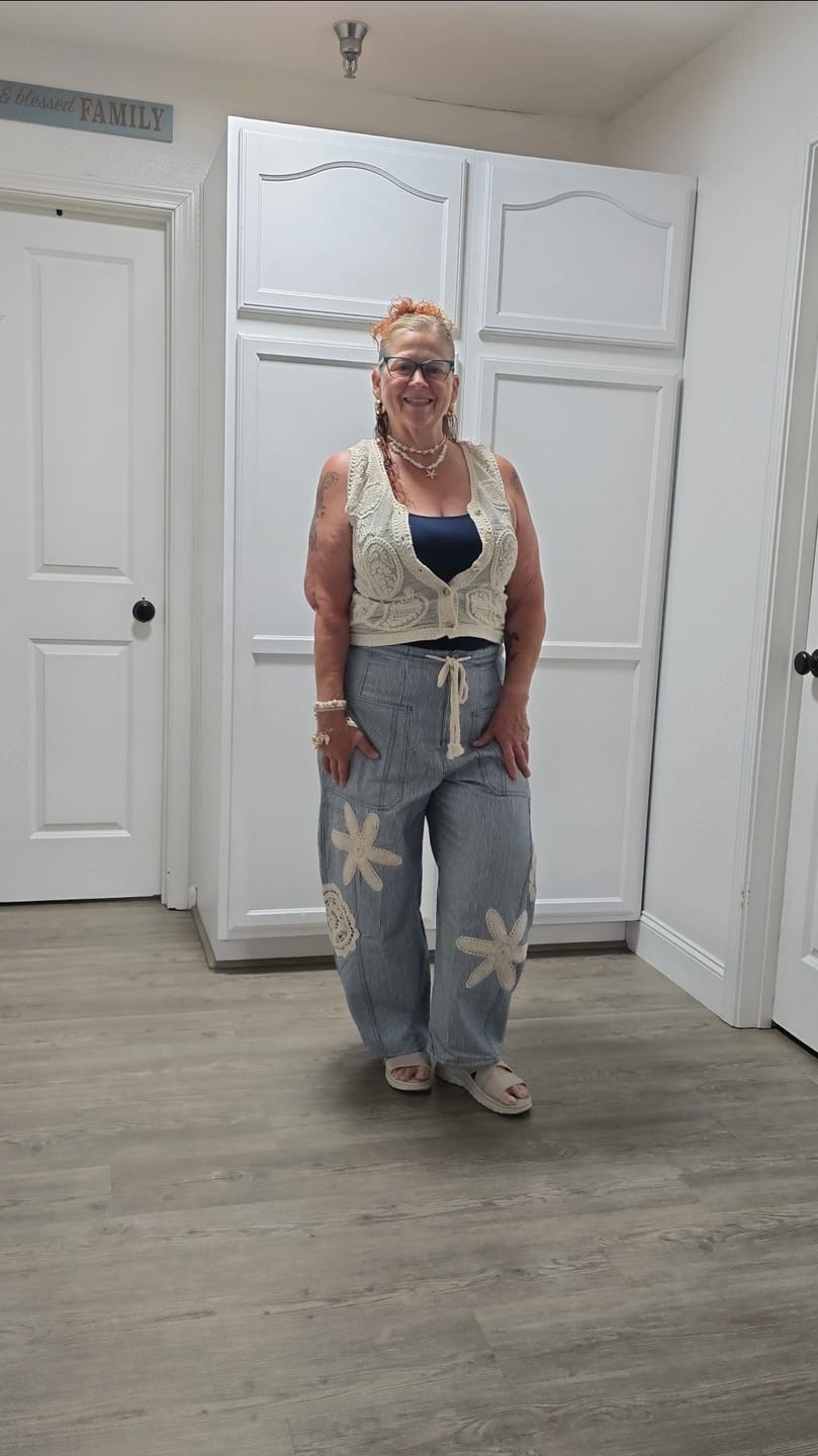 Customer photo review of Blue & White Striped Drawstring Pants With Crochet Appliques FINAL SALE