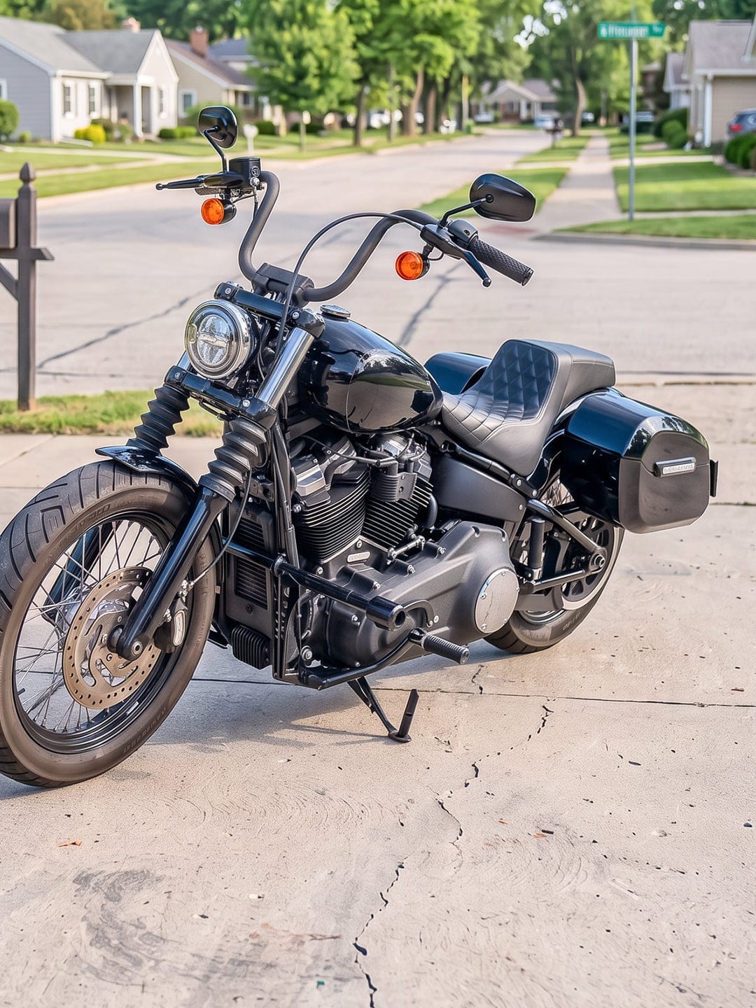 Customer photo review of 32L - Darkin Large Quick Mount Painted Hard Saddlebags for Harley Softail Street Bob FXBB/S