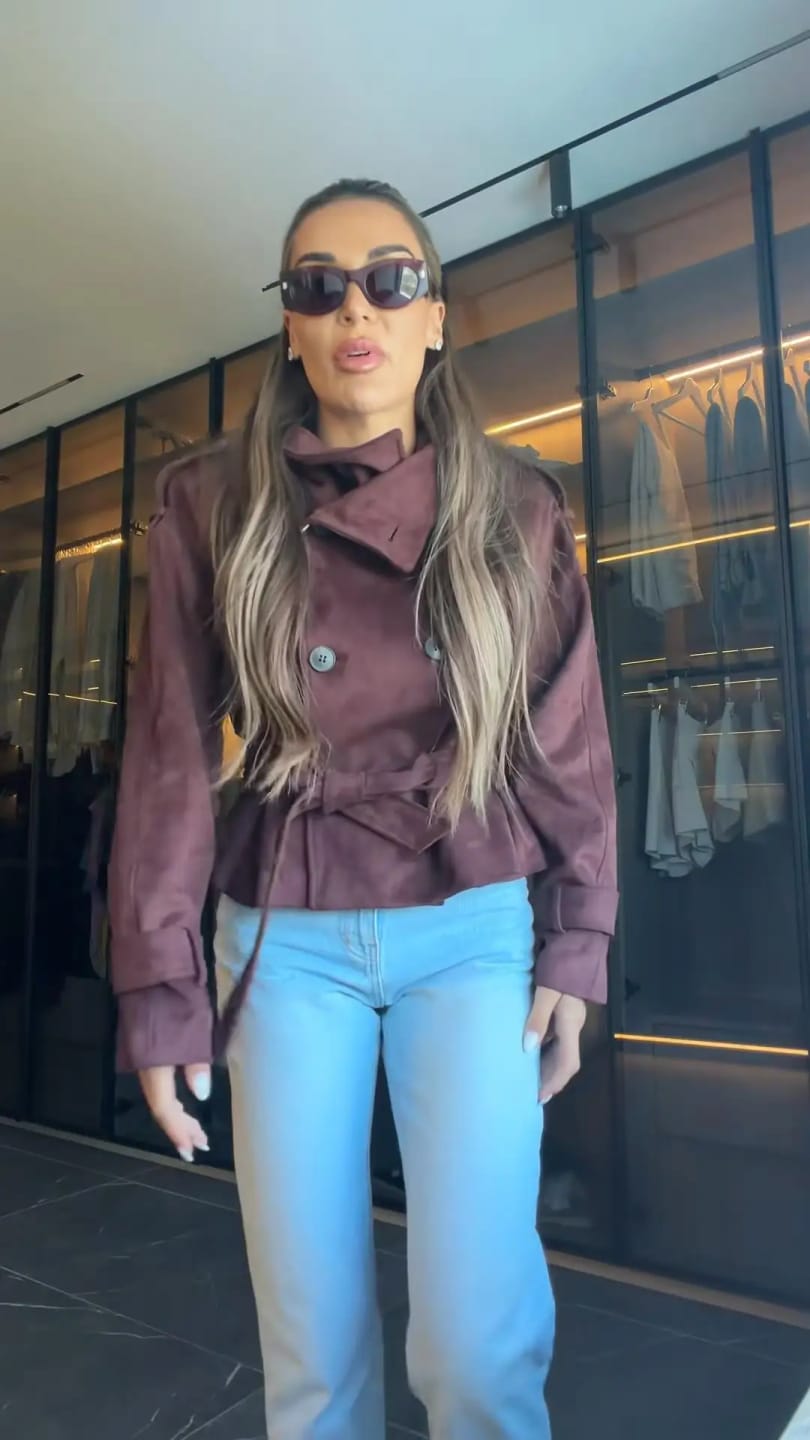 Customer photo review of Audrey Funnel Neck Faux Suede Belted Jacket