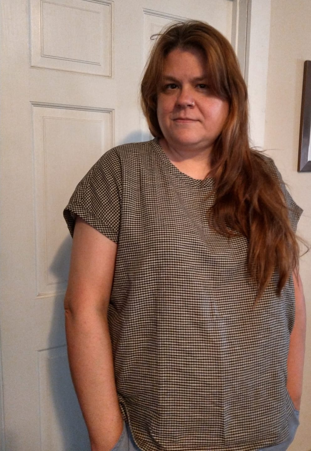 Customer photo review of Plus Size Women Summer Retro Plaid Stand Collar Cotton Linen T-Shirt