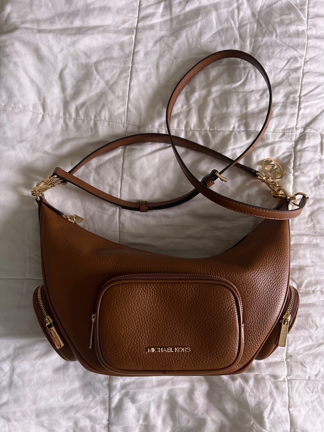 Customer photo review of Michael Kors Merritt Medium Shoulder Bag Pebbled Leather Convertible In Luggage 35R6G0WS8L