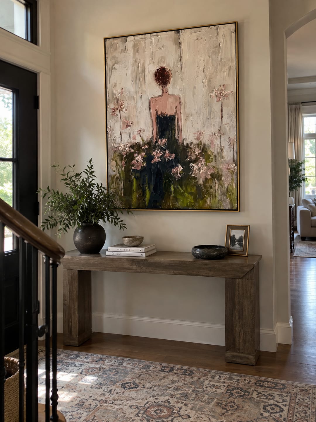 Customer photo review of Flowers Rise Behind Silence – Back Facing Floral Woman Painting | Retro Modern Vertical Wall Art