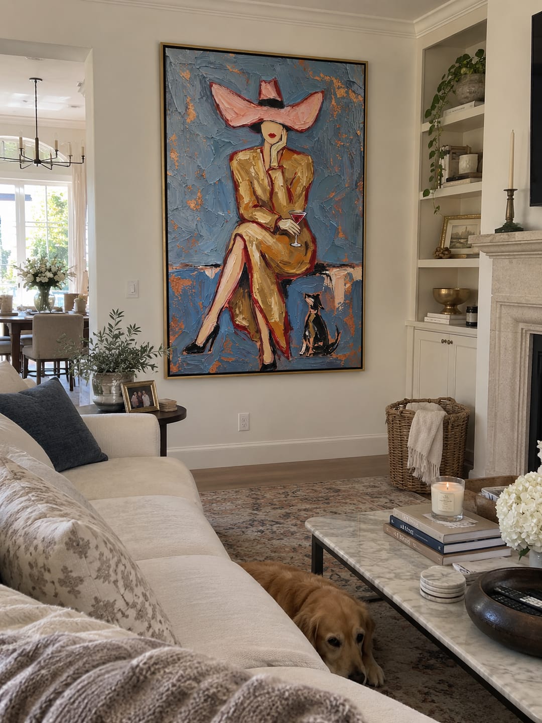 Customer photo review of The Pink Brim – Vintage Americana Fashion Woman Portrait Painting | Luxury Glam Living Room Art