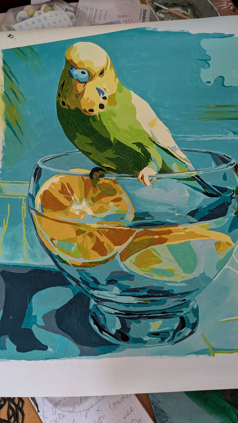 Customer photo review of Parakeet and lemon pieces | Paint by Number