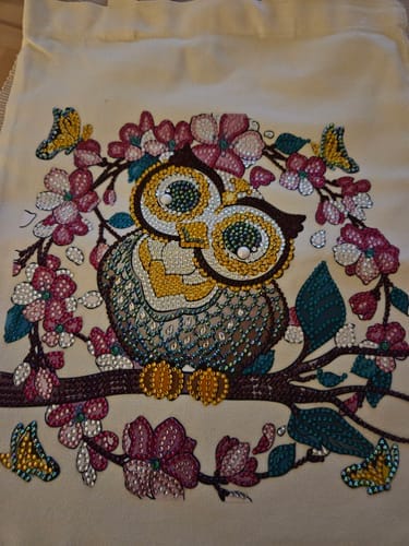 Customer photo review of Flower owl | Diamond Painting Tote Bag Kit
