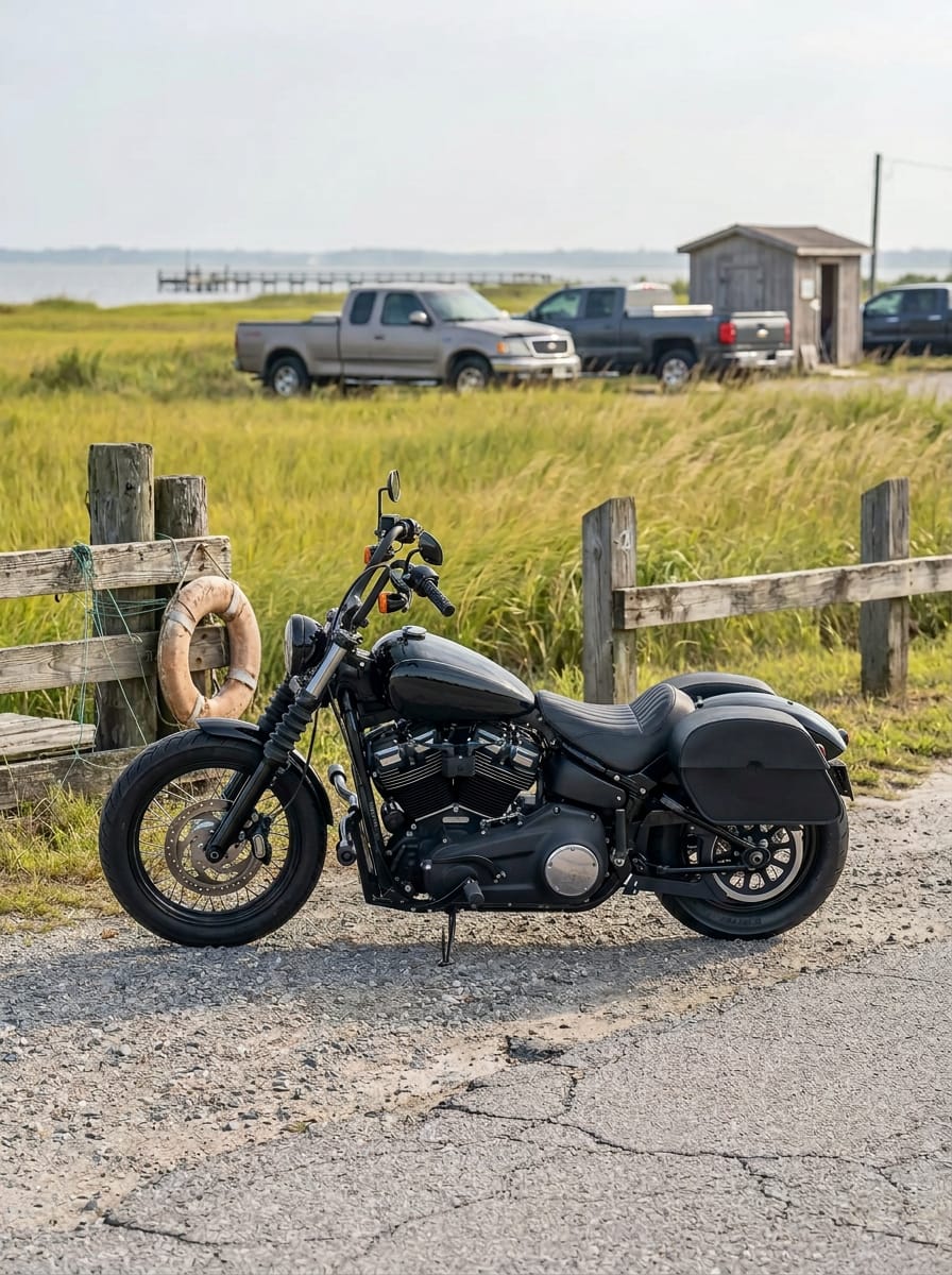 Customer photo review of 28L - Panzer Medium Quick Mount Leather Saddlebags For Harley Softail Street Bob FXBB/S