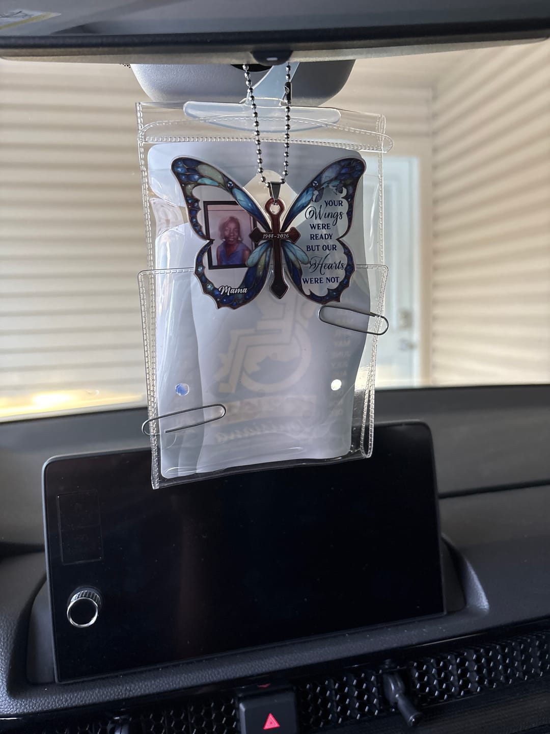 Customer photo review of Personalized Memorial Butterfly Car Hanger with Photo – Always With You