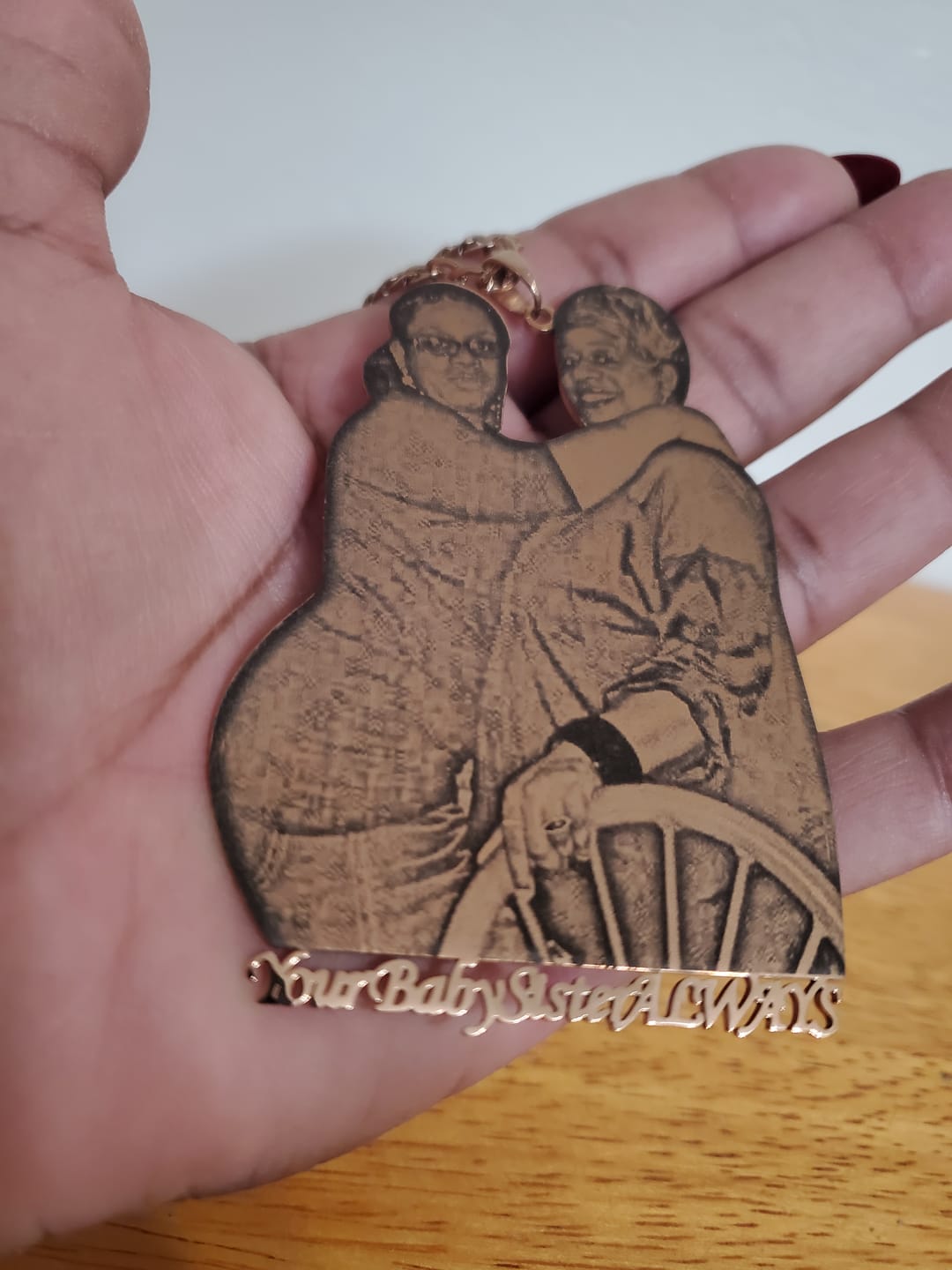 Customer photo review of Custom Photo Engraved Pendant Necklace