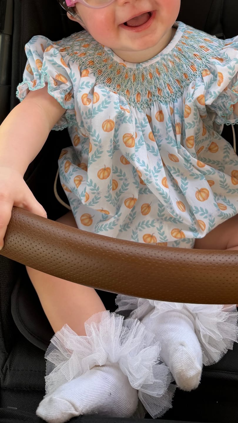 Customer photo review of Pumpkin Trellis Smocked Blue Bishop Bubble