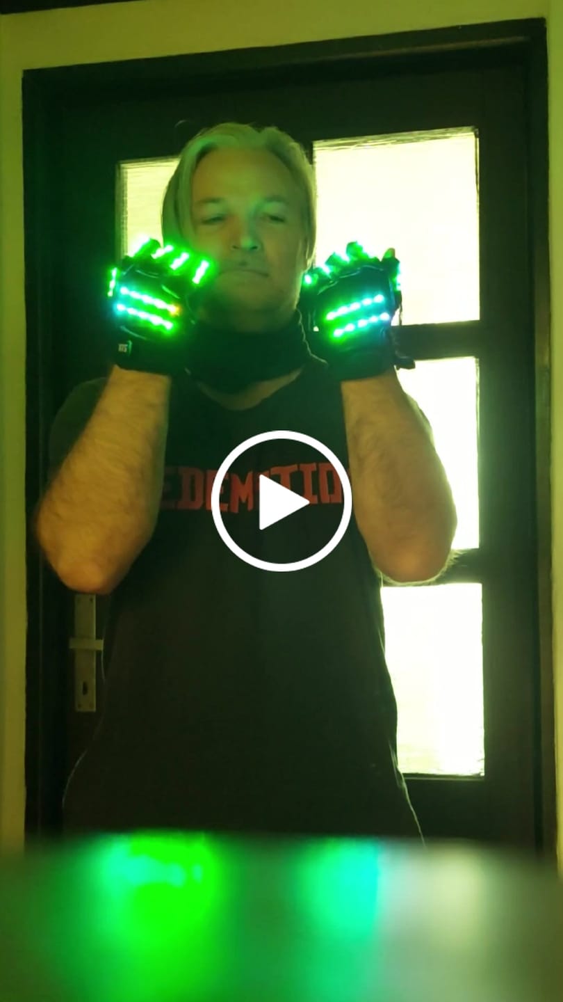 Customer video review of Flashing Gloves Glow 360 Mode LED Ray Light Finger Lighting Mitt Glowing Up Glove Glasses Stage Glow Costume