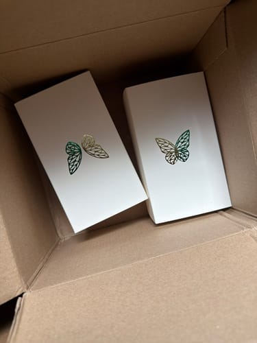 Kunden-Box mit zwei weißen 1+1 Gratis-Produktverpackungen, die jeweils ein grünes Schmetterlings-Emblem zeigen.