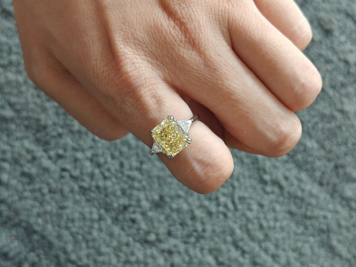 Customer photo review of S925 4.0Ct Radiant & Triangle Cut Yellow Stone Three Stone Engagement Ring In Sterling Silver