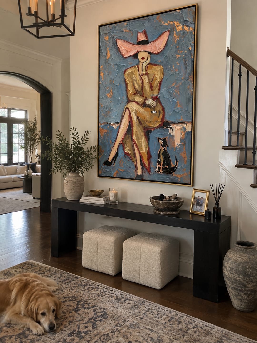 Customer photo review of The Pink Brim – Vintage Americana Fashion Woman Portrait Painting | Luxury Glam Living Room Art