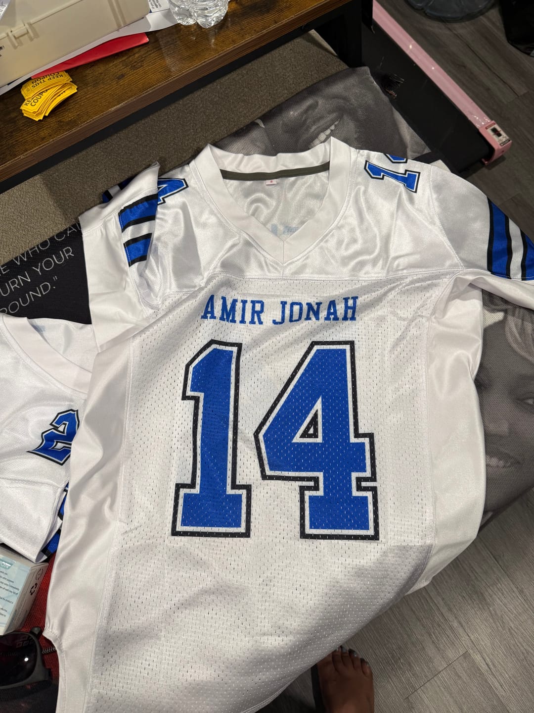 Customer photo review of Custom White Royal Blue Classic Style Mesh Authentic Football Jersey