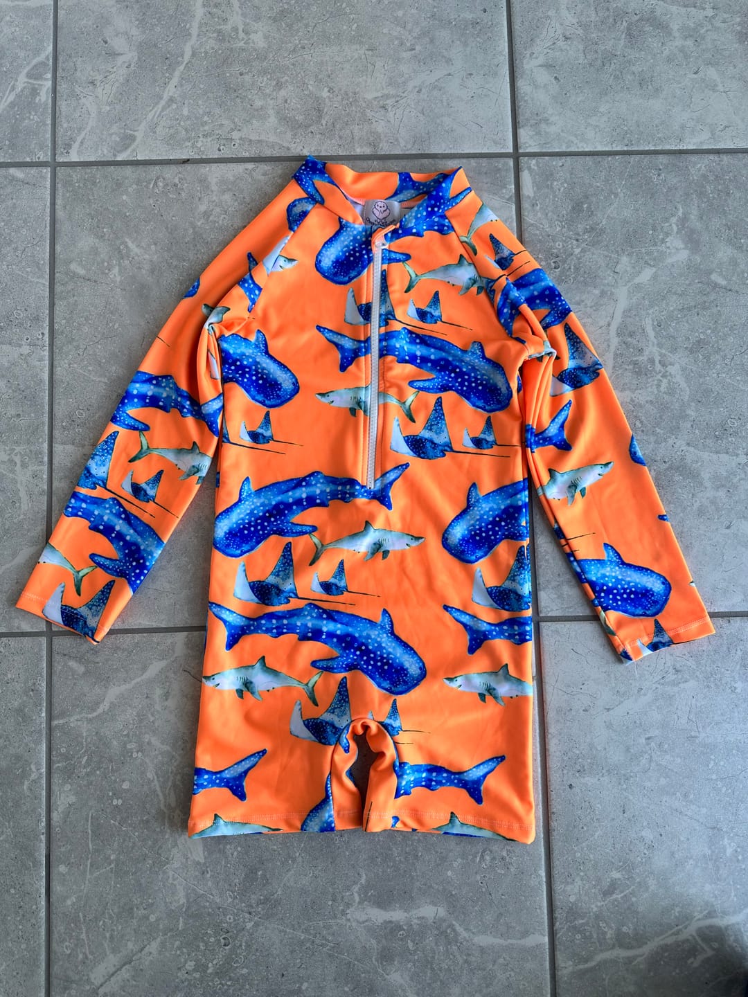 Customer photo review of PREORDER Fluro Orange Sharks Unisex Long Sleeve Zip Swimmers (Ships w/c 21st September)
