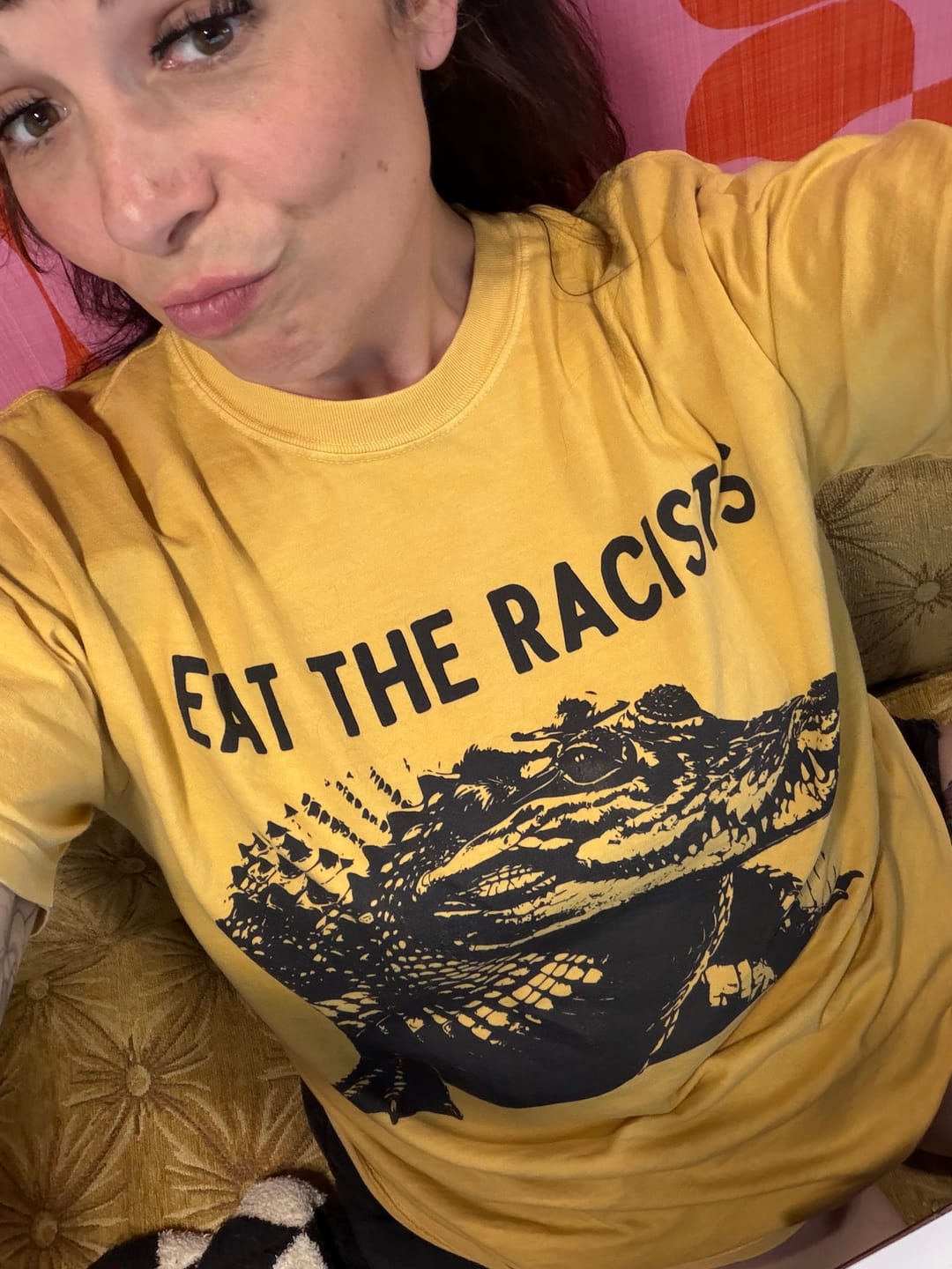 Customer photo review of Eat The Racists Alligator Tee