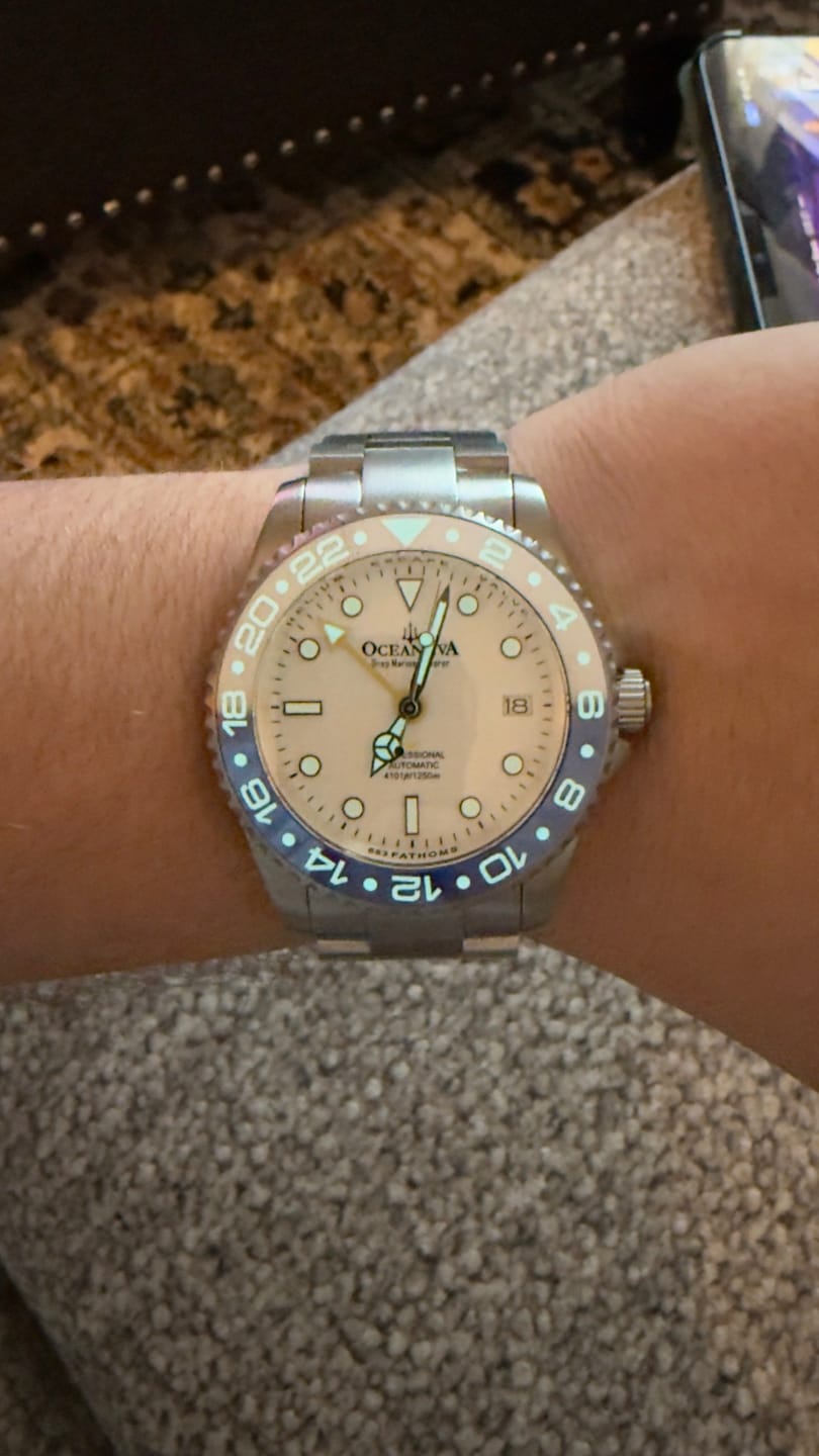 Customer photo review of Oceaneva Men's GMT TITANIUM Automatic Deep Marine Explorer 1250M White & Blue Ceramic Bezel Watch