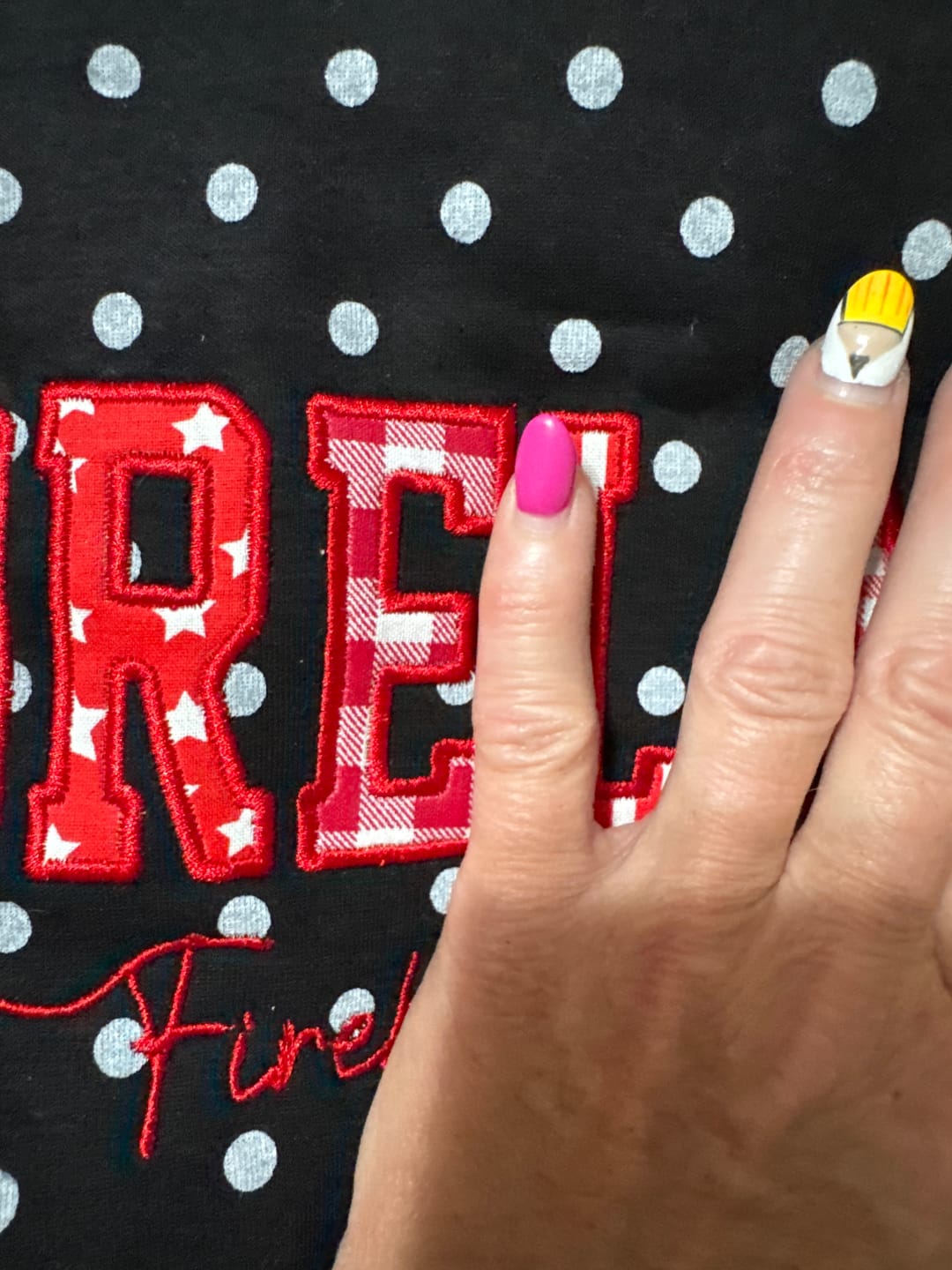 Customer photo review of Custom Patchwork Fabric Embroidered Polka Dot Sweatshirt Team and School Name Applique Varsity Letters | Game Day Wear