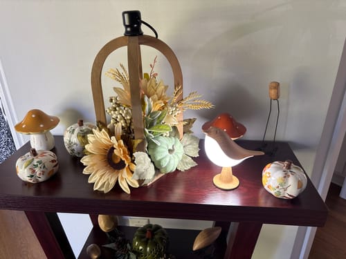 Customer's Glow Bird light on a wooden console table with seasonal decor, pumpkins, and faux mushrooms.