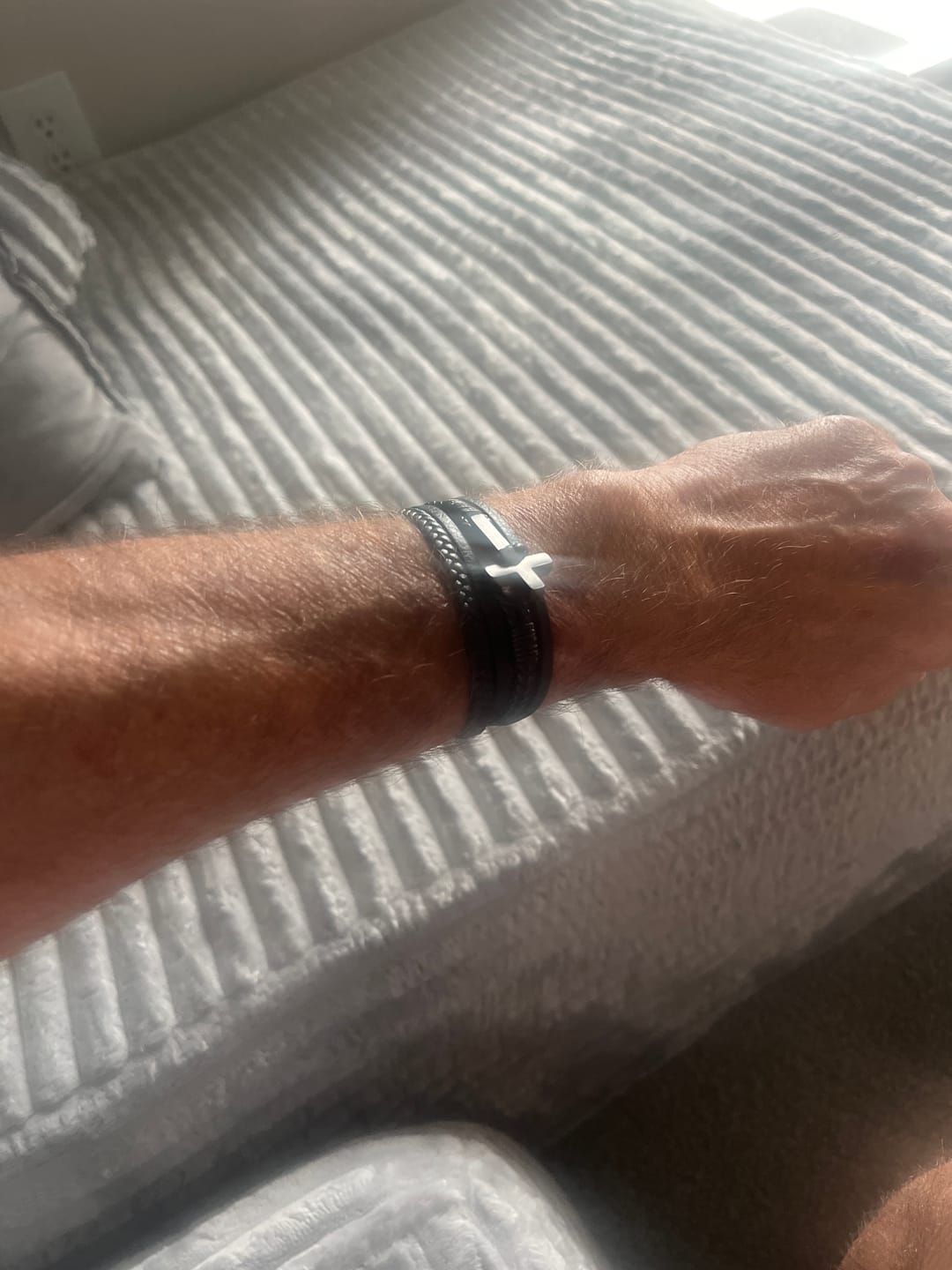 Customer photo review of FREE Today: Tri - Color Stainless Steel Cross & Braided Leather Fashion Bracelet