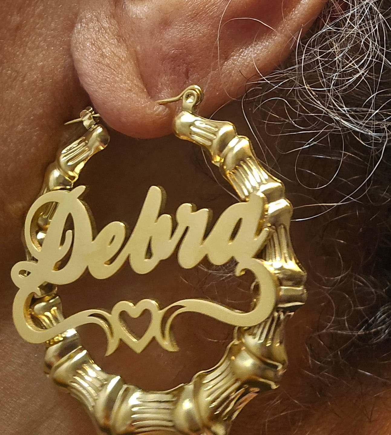 Customer photo review of Heart Outline Bamboo Name Hoop Earrings
