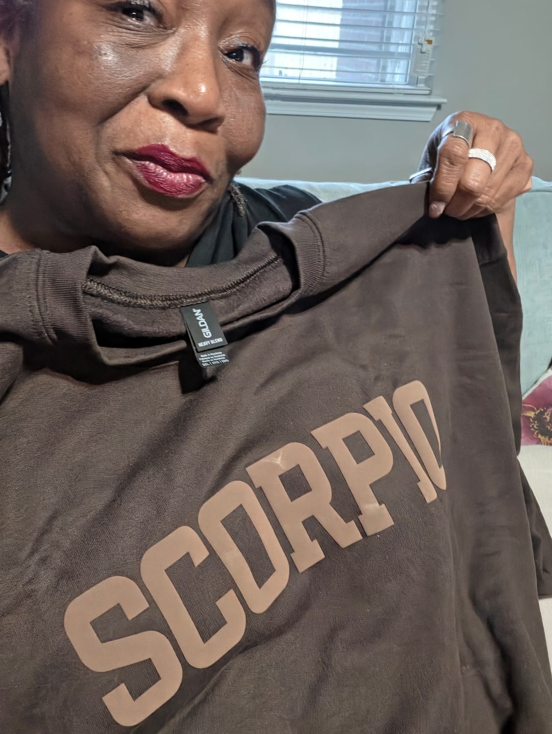 Customer photo review of Chocolate Zodiac Puff Print Crewneck