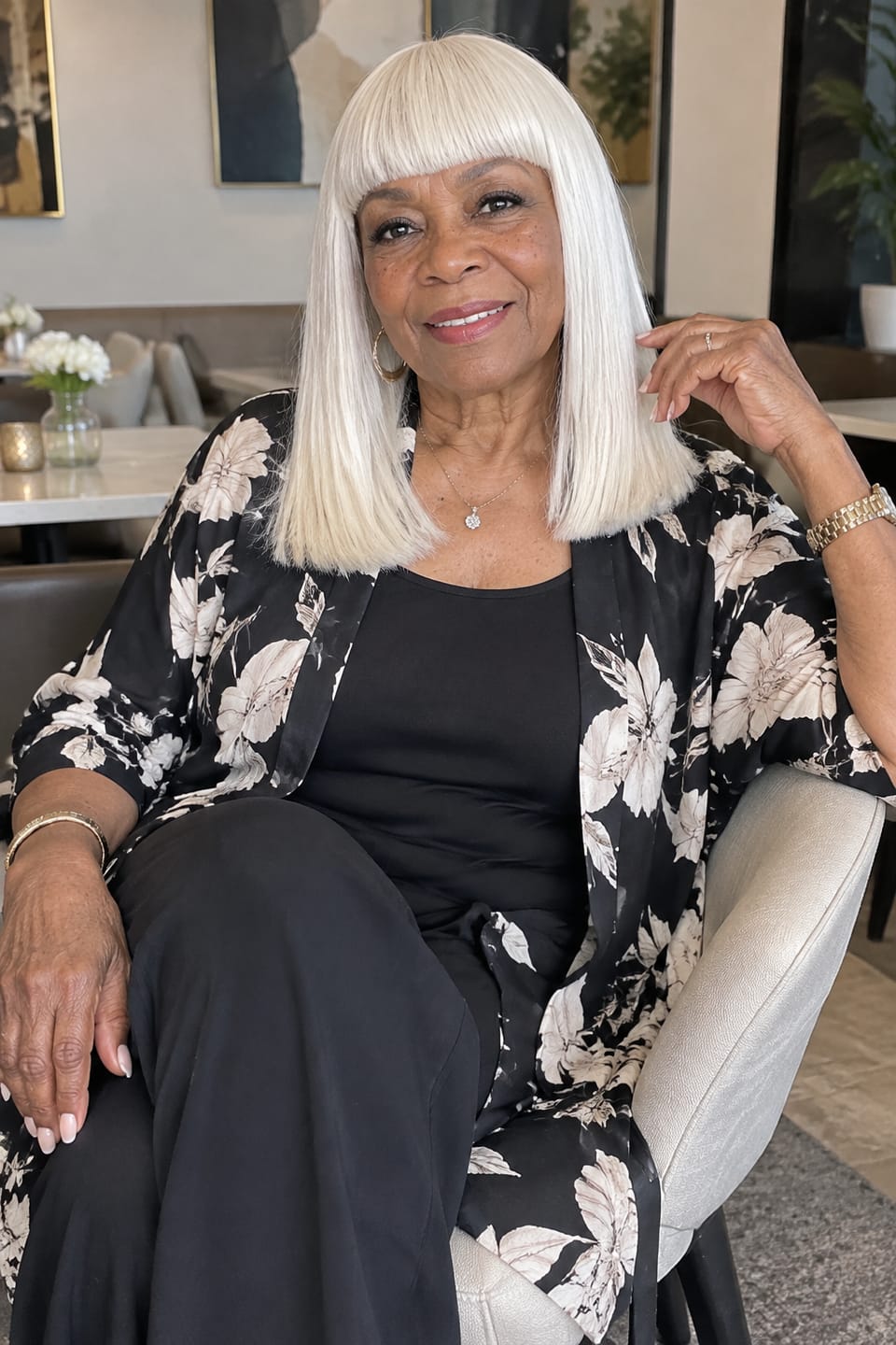 Customer photo review of Luvwin 95% White Salt and pepper Straight Platinum Blonde 100% Glueless Full Machine Made Bang Bob Wig With Small Lace