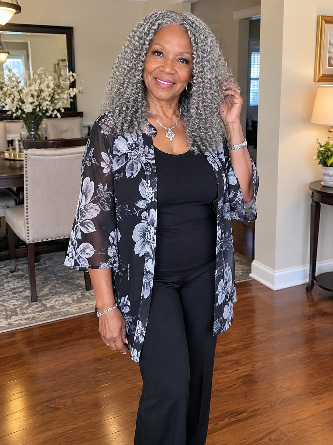 Customer photo review of Luvwin 5x5 Deep Curly Salt And Pepper Glueless Gray Color Pre-Cut Lace Bob Wig