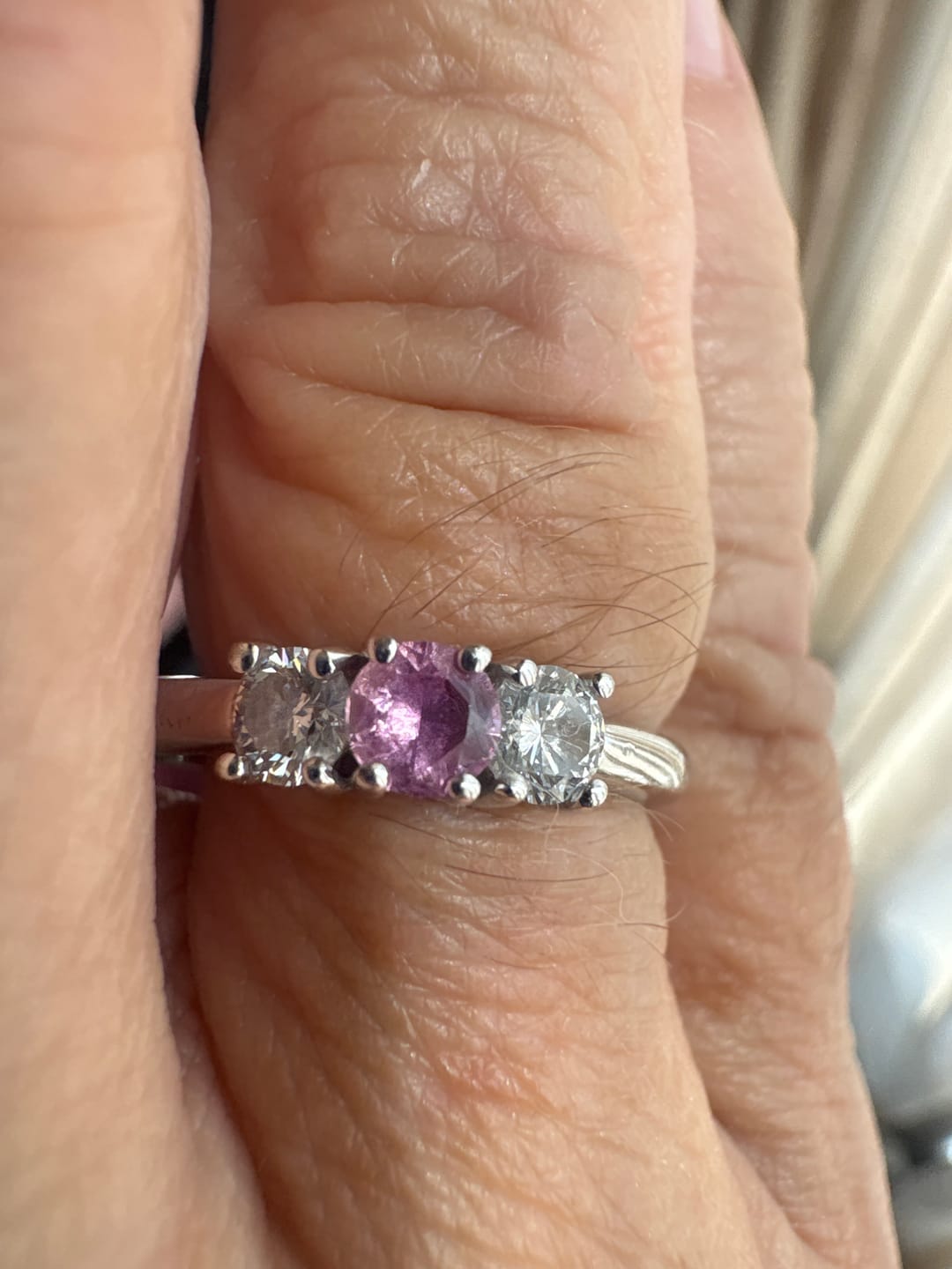 Customer photo review of Estate 18k White Gold Pink Sapphire Diamond Dazzling Trio Ring 7.25