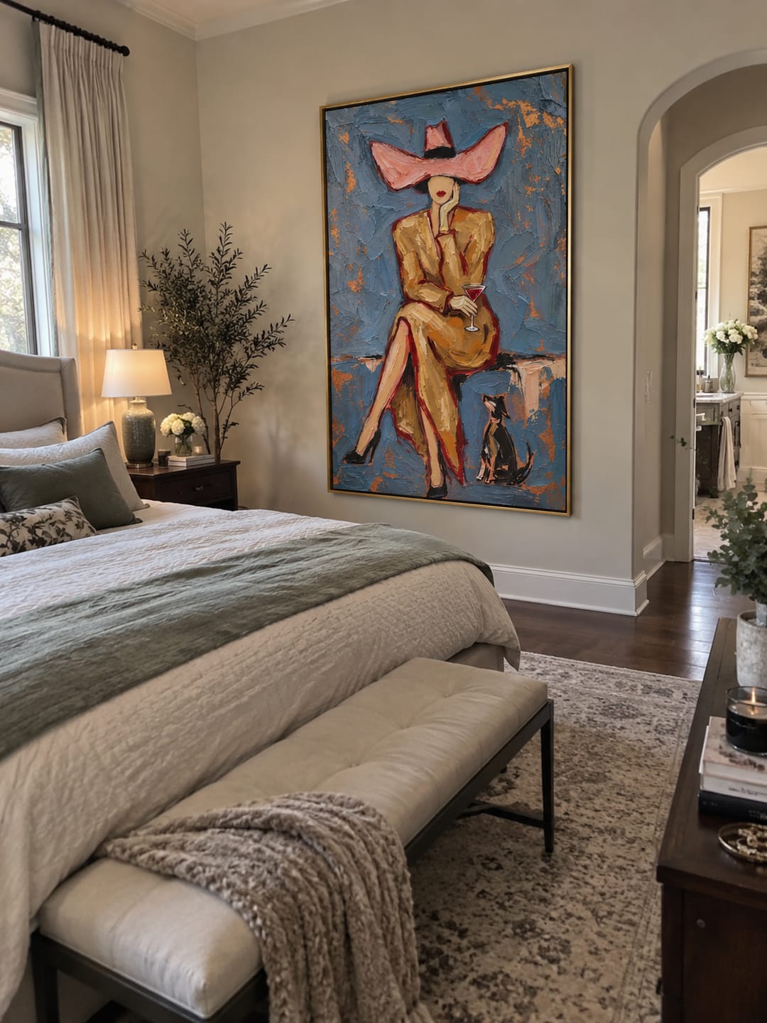 Customer photo review of The Pink Brim – Vintage Americana Fashion Woman Portrait Painting | Luxury Glam Living Room Art