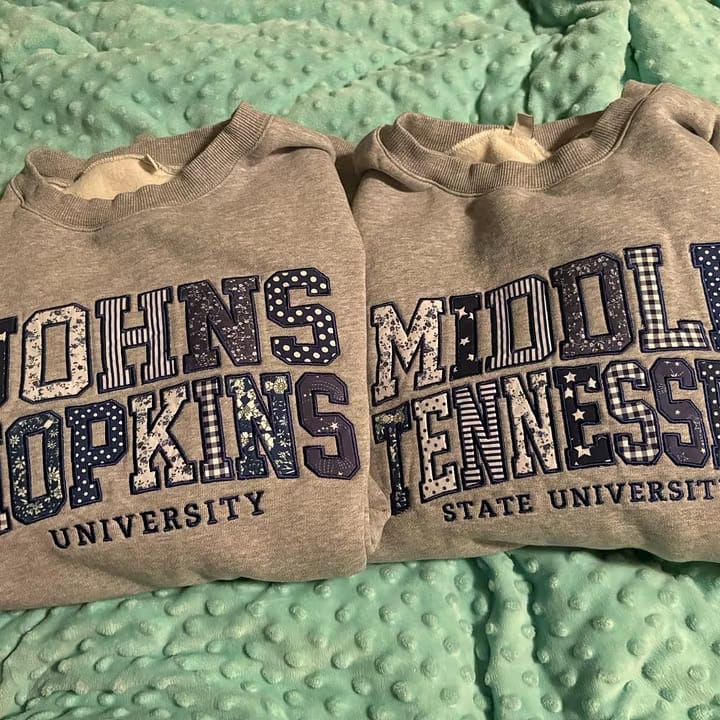 Customer photo review of Custom Patchwork Fabric Embroidered Sweatshirt Team and School Name Applique Varsity Letters