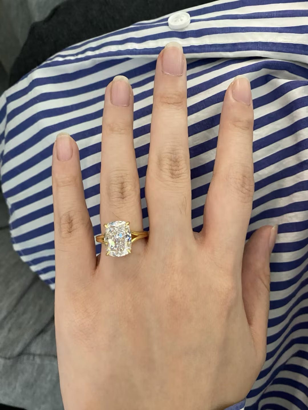 Customer photo review of S925 5.5Ct Cushion Cut Split Shank Engagement Ring Gold Plated Hidden Halo Bridal Ring For Everyday Wear
