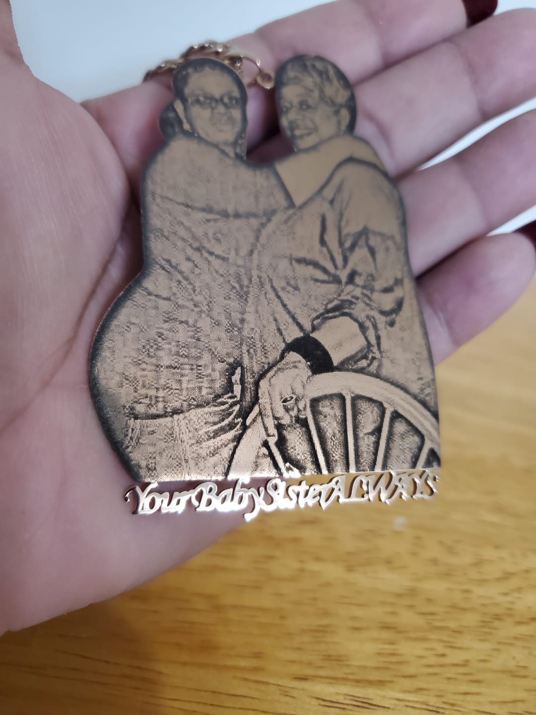 Customer photo review of Custom Photo Engraved Pendant Necklace