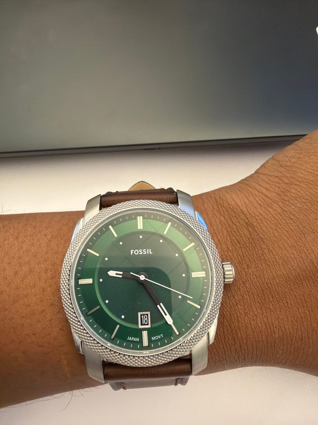 Customer photo review of Fossil Men's Watch - Machine Quartz Steel Case Green Dial Brown Leather Strap | FS6085