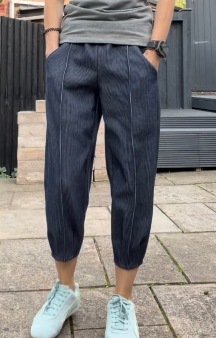 Customer photo review of Navy Striped Stretch Denim Fabric