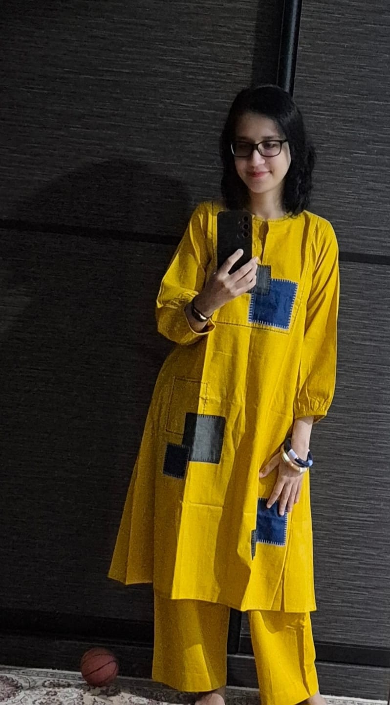 Customer photo review of long yoke kurta with patch pocket - Golden Twilight & Azure Slate Checks