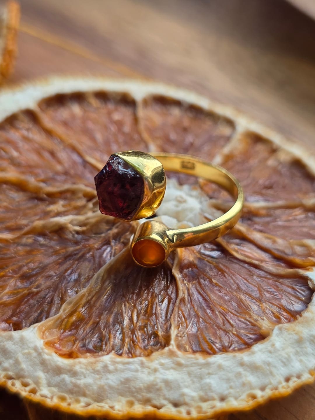 Customer photo review of Carnelian + Garnet combination ring