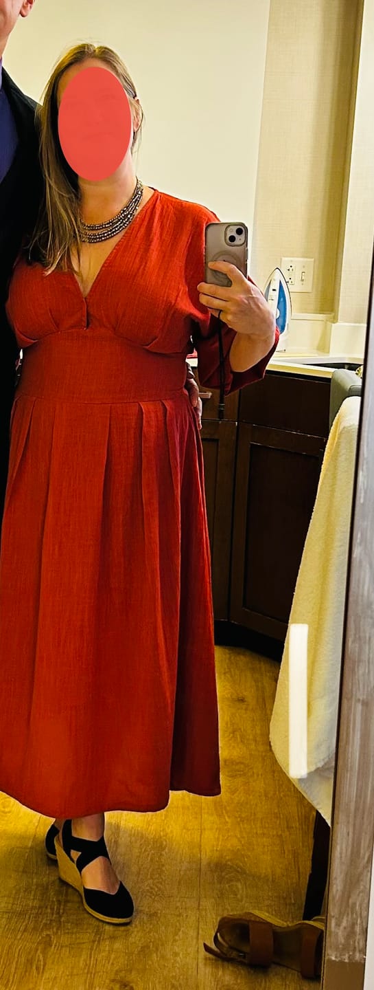 Customer photo review of Brick Red Cotton Deep-V Neck Empire Waist Maxi Dress
