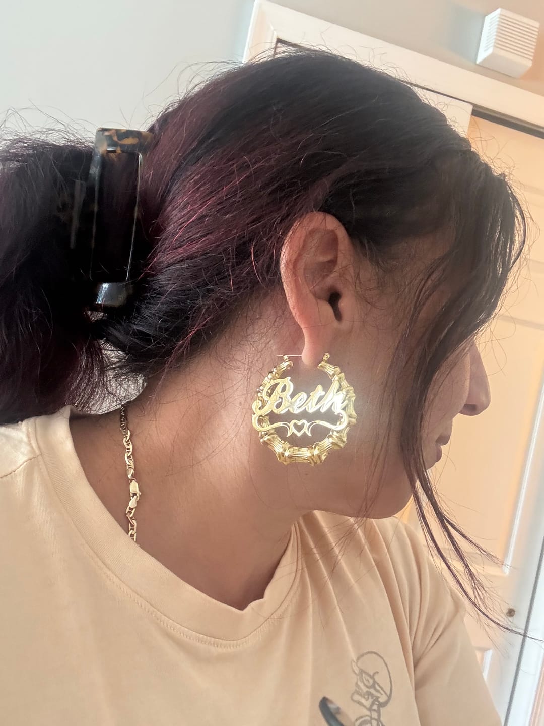 Customer photo review of Heart Outline Bamboo Name Hoop Earrings