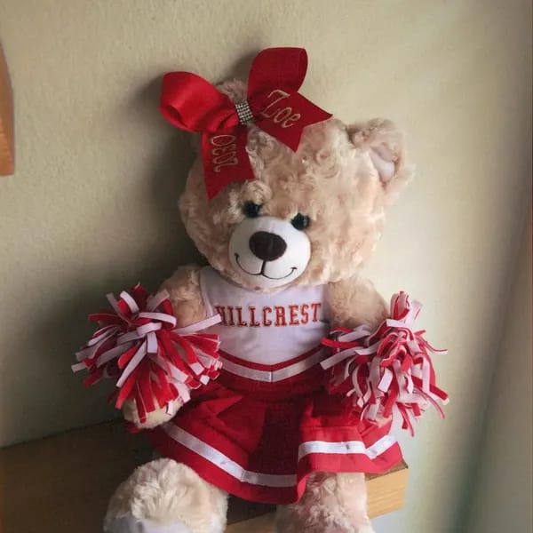 Customer photo review of Cute Cheer Bear Gift Custom Embroidered Uniform & Bow Sport Game Day Mascot
