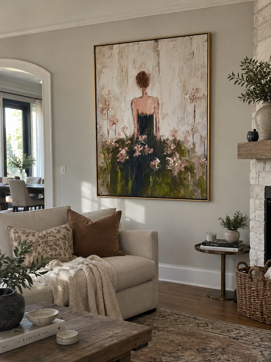 Customer photo review of Flowers Rise Behind Silence – Back Facing Floral Woman Painting | Retro Modern Vertical Wall Art