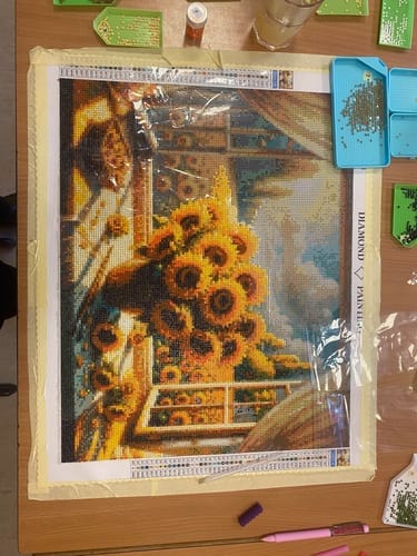 Customer photo review of Sunflower Bouquet by the Window | Diamond Painting Kit