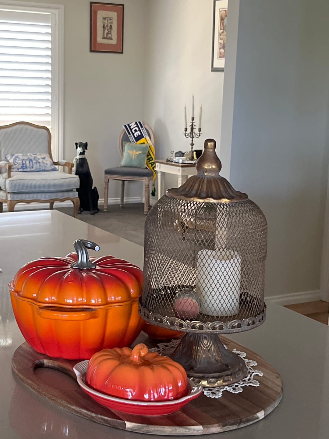 Customer photo review of Cassie French Provincial Mesh Cloche, Tall Antique Gold Dome on Pedestal 39cm
