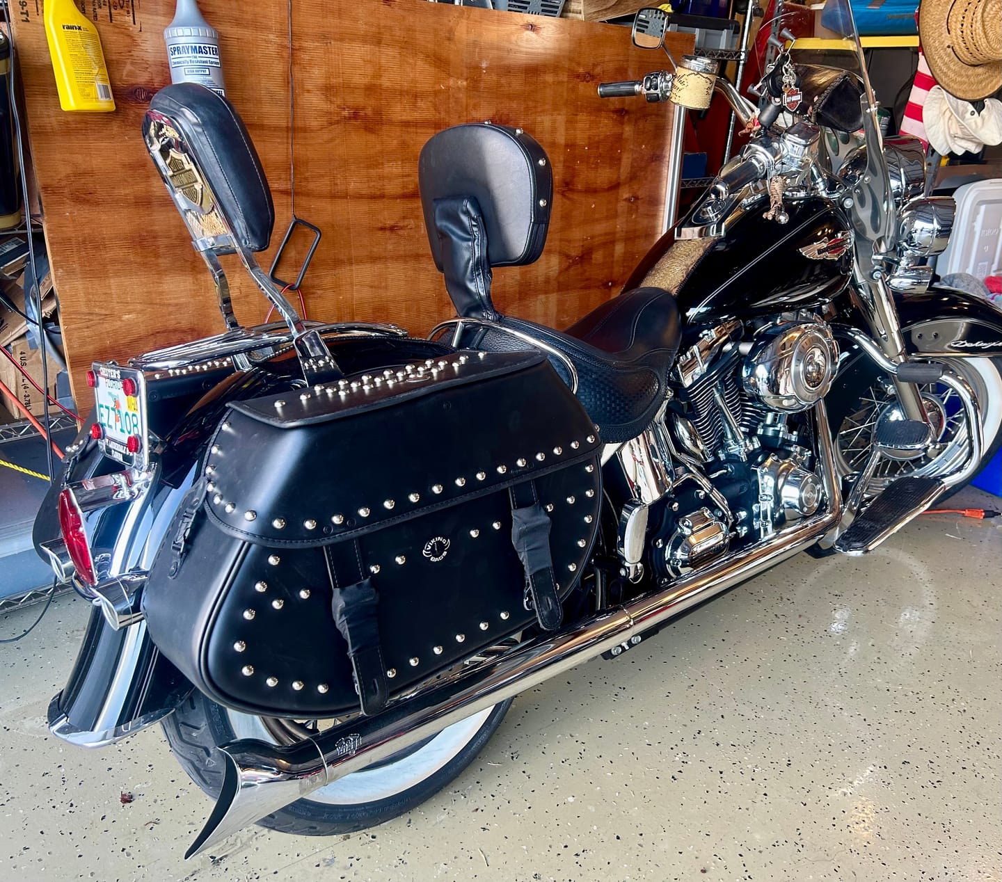 Customer photo review of 35L - Legacy Extra Large Studded Leather Motorcycle Saddlebags for Harley Softail Deluxe FLSTN/I