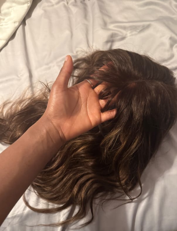 Customer photo review of Wavymy Chestnut Brown Curtain Bangs Layered Cut Loose Body Wave Wear Go Glueless Customized Wig