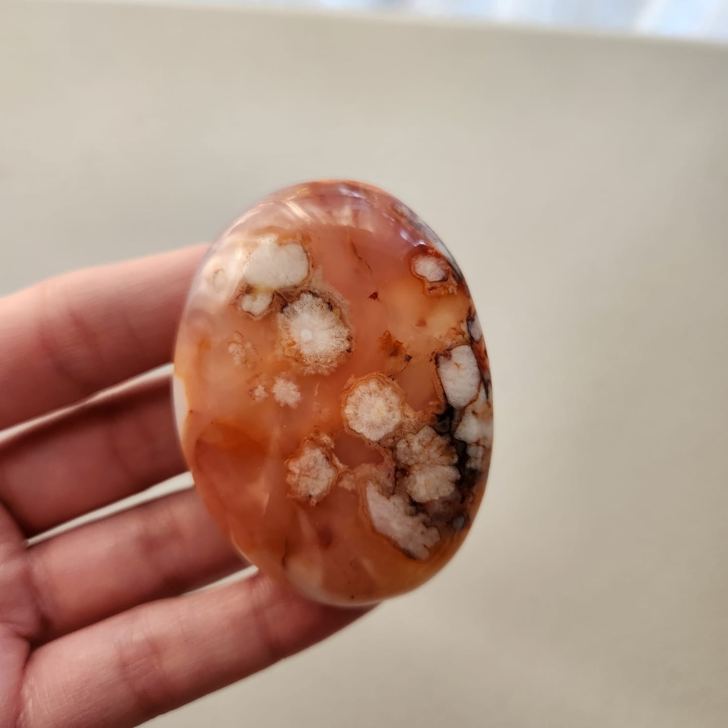 Customer photo review of Natural Pink Flower Agate Palm Stone