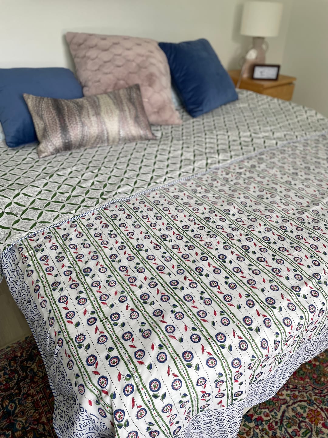 Customer photo review of Bella Organic Mulmul Blanket — Hand Block Printed