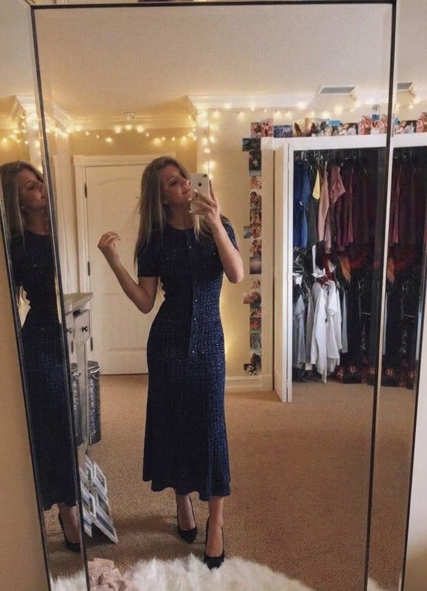 Customer photo review of Navy Shimmer Knit Midi Dress