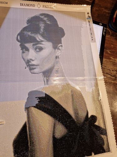 Customer photo review of Audrey Hepburn in black and white | Diamond Painting Kit