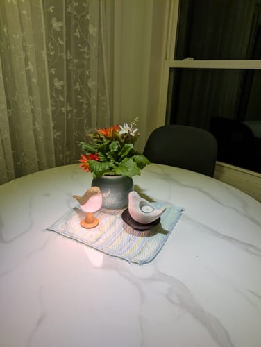 Customer's illuminated Glow Bird light sitting on a dining table next to a small plant and candle holder.